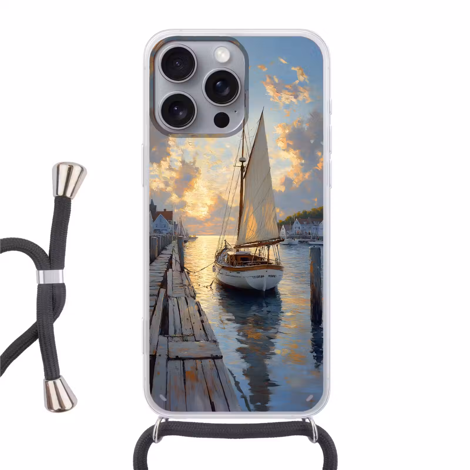 Telefoonhoesje met koord - Zeilboot - Zon - Pier - Hout — 1