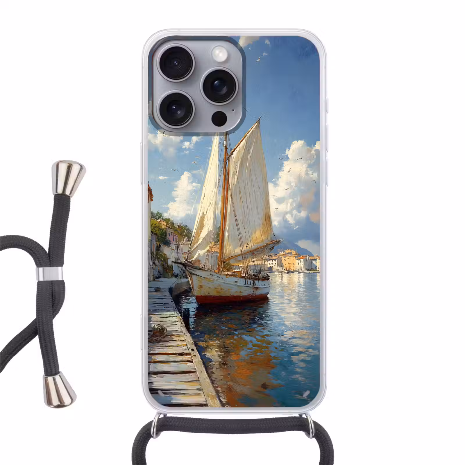 Telefoonhoesje met koord - Zeilschip - Huizen - Kade - Zee — 1