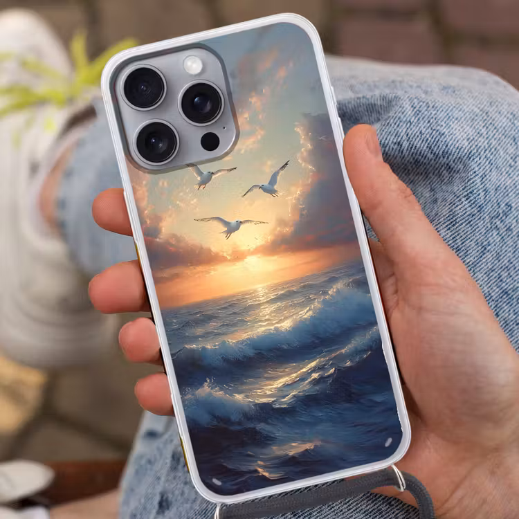 Telefoonhoesje met koord - Meeuwen - Zonsondergang - Zee - Wolken — 2