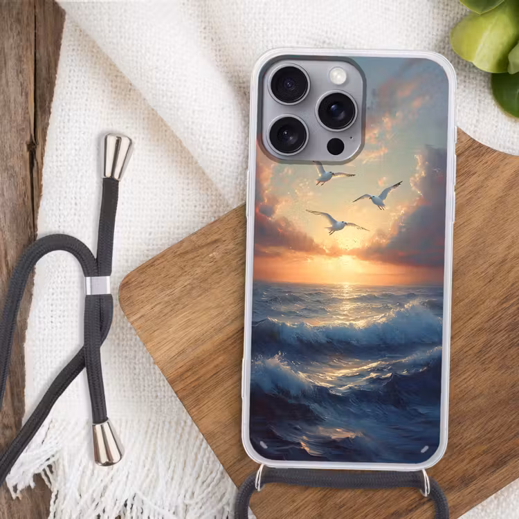 Telefoonhoesje met koord - Meeuwen - Zonsondergang - Zee - Wolken — 3
