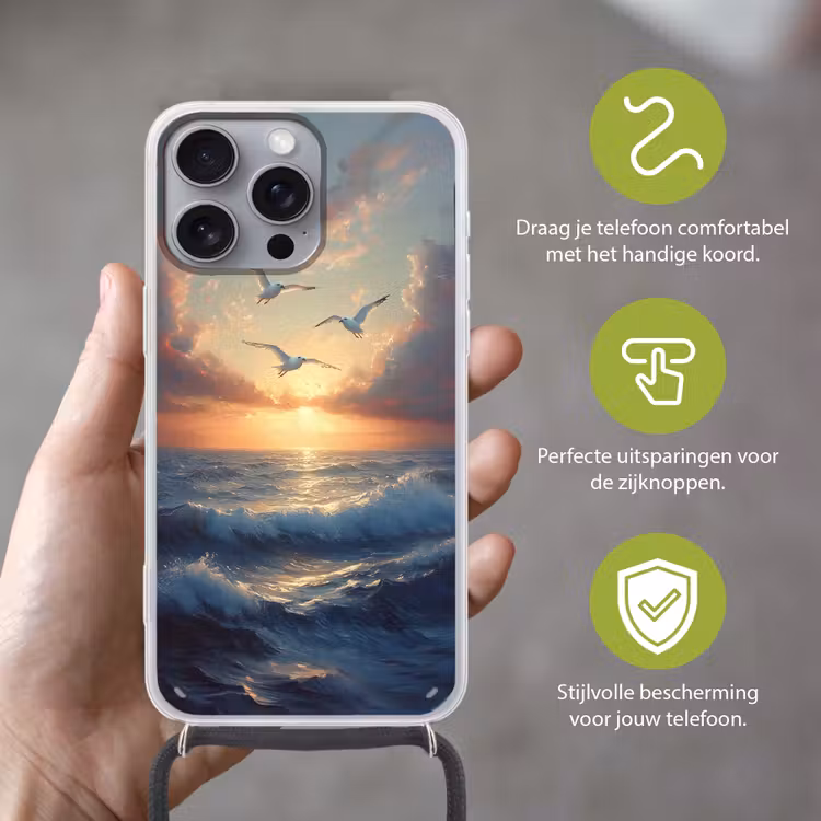 Telefoonhoesje met koord - Meeuwen - Zonsondergang - Zee - Wolken — 4