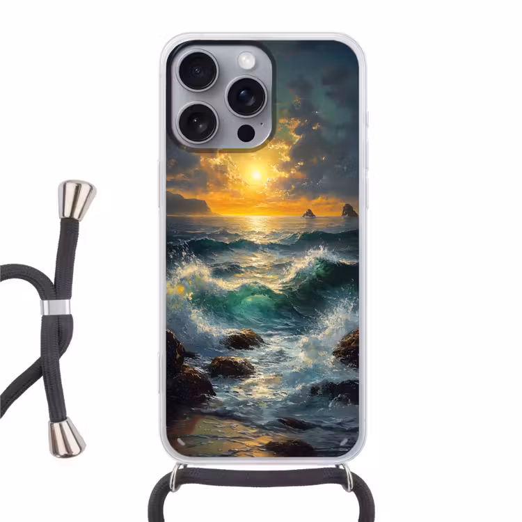 Telefoonhoesje met koord - Zee - Zon - Golven - Rotsen — 1