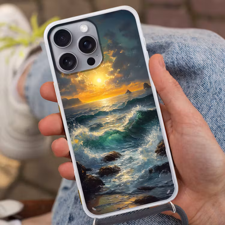 Telefoonhoesje met koord - Zee - Zon - Golven - Rotsen — 2