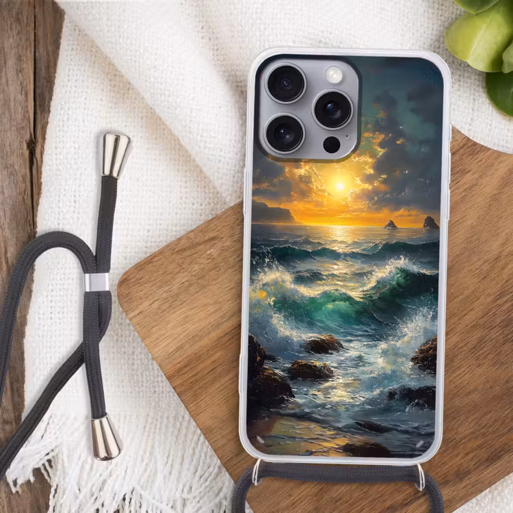 Telefoonhoesje met koord - Zee - Zon - Golven - Rotsen — 3
