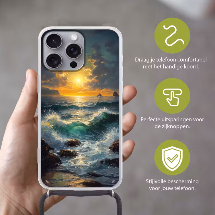 Telefoonhoesje met koord - Zee - Zon - Golven - Rotsen — 4