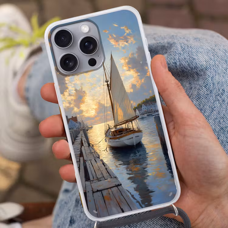 Telefoonhoesje met koord - Zeilboot - Zon - Pier - Hout — 2