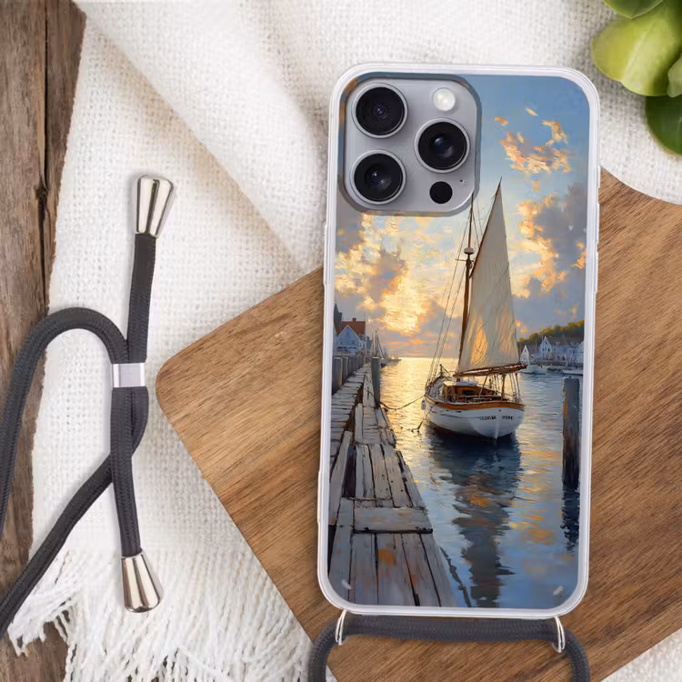Telefoonhoesje met koord - Zeilboot - Zon - Pier - Hout — 3