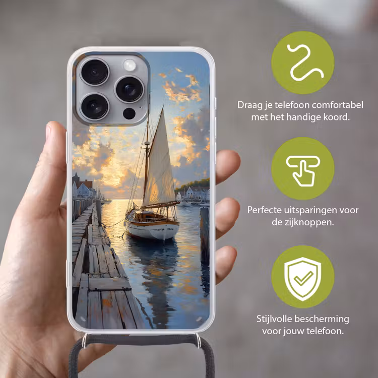Telefoonhoesje met koord - Zeilboot - Zon - Pier - Hout — 4