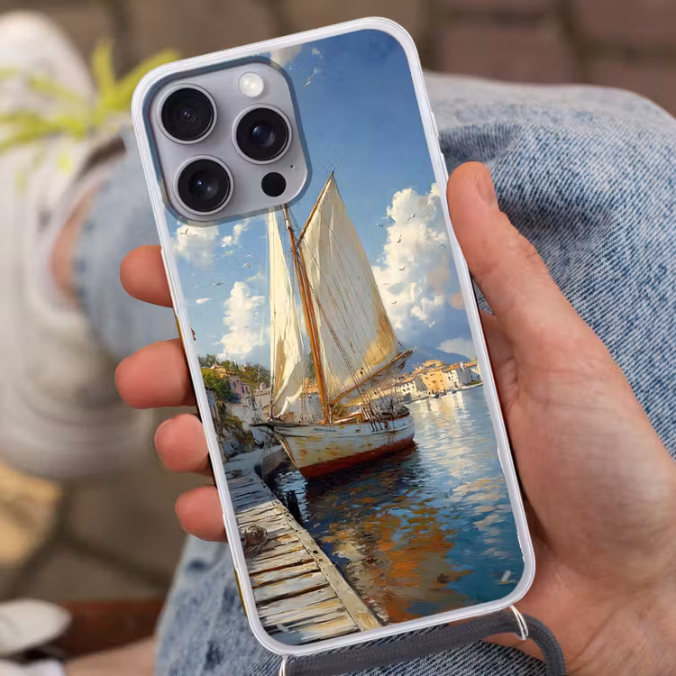 Telefoonhoesje met koord - Zeilschip - Huizen - Kade - Zee — 2