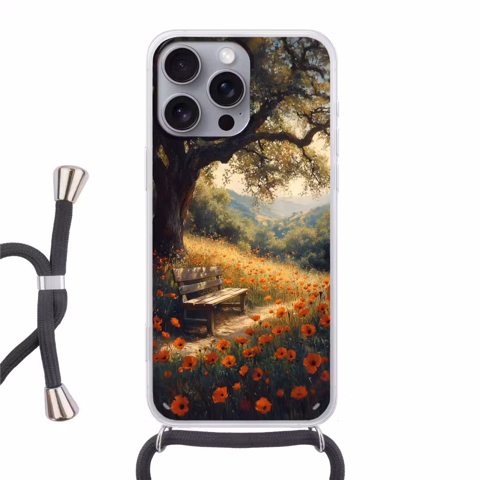 Telefoonhoesje met koord - Bankje - Boom - Klaprozen - Heuvels — 1