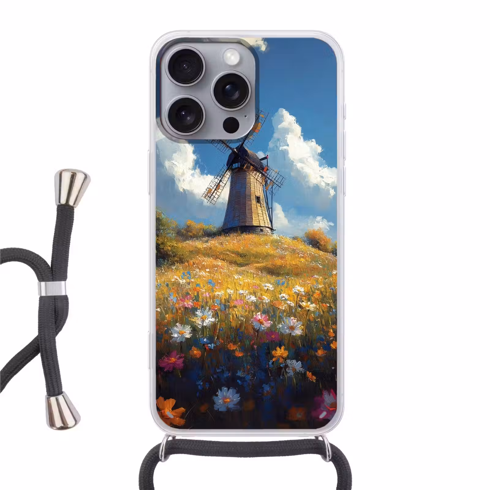 Telefoonhoesje met koord - Windmolen - Heuvel - Bloemen - Kleurrijk — 1