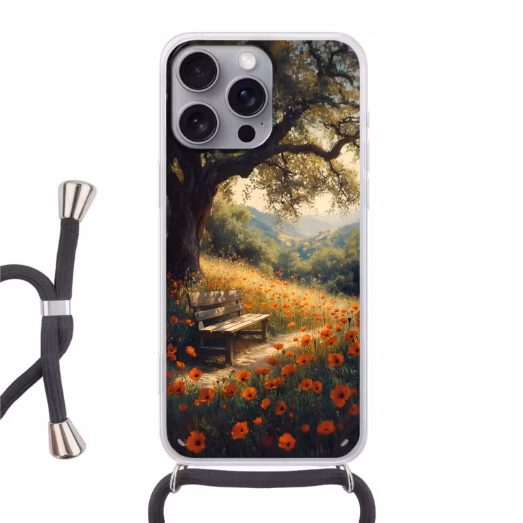 Telefoonhoesje met koord - Bankje - Boom - Klaprozen - Heuvels — 1