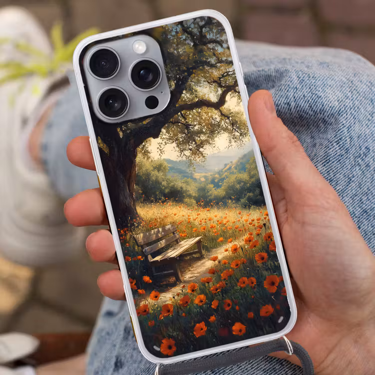 Telefoonhoesje met koord - Bankje - Boom - Klaprozen - Heuvels — 2