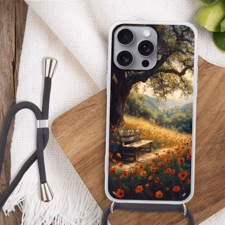 Telefoonhoesje met koord - Bankje - Boom - Klaprozen - Heuvels — 3