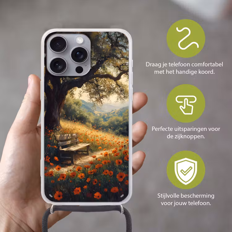 Telefoonhoesje met koord - Bankje - Boom - Klaprozen - Heuvels — 4