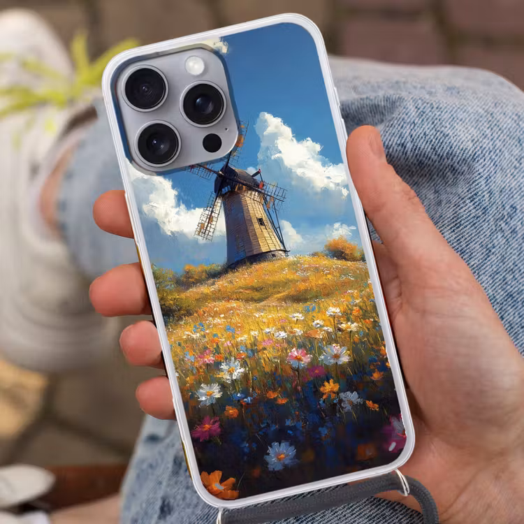Telefoonhoesje met koord - Windmolen - Heuvel - Bloemen - Kleurrijk — 2