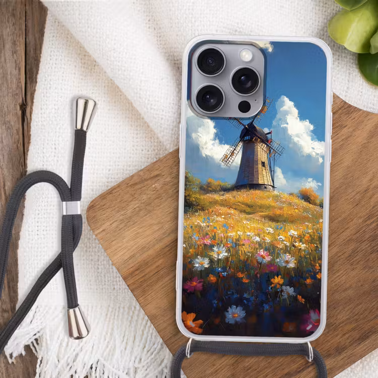 Telefoonhoesje met koord - Windmolen - Heuvel - Bloemen - Kleurrijk — 3
