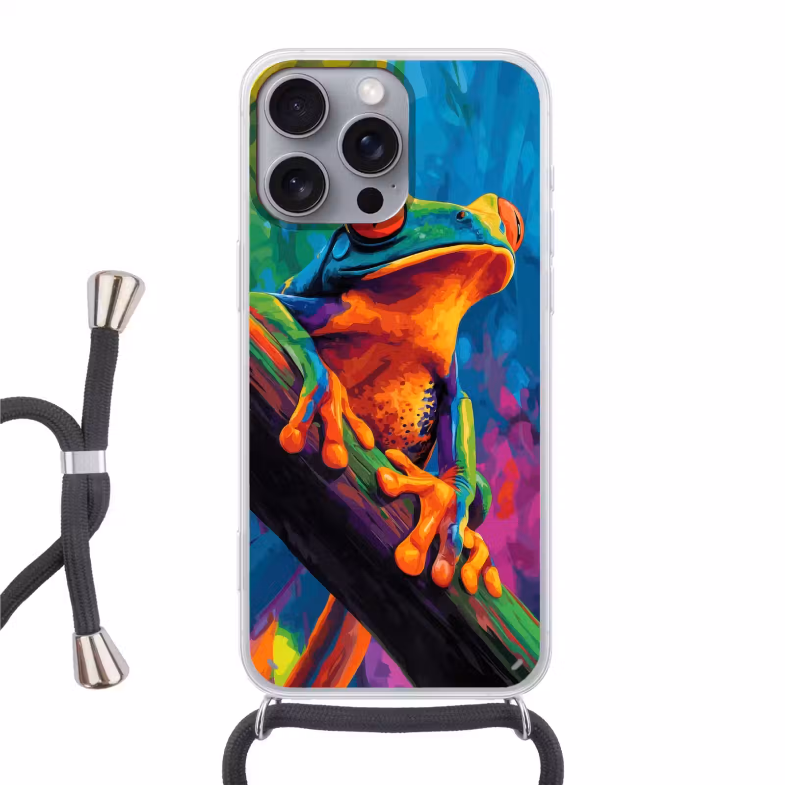Telefoonhoesje met koord - Kikker - Felgekleurd - Tak - Regenboog — 1