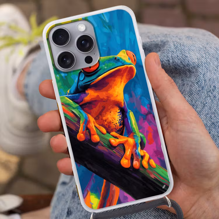 Telefoonhoesje met koord - Kikker - Felgekleurd - Tak - Regenboog — 2