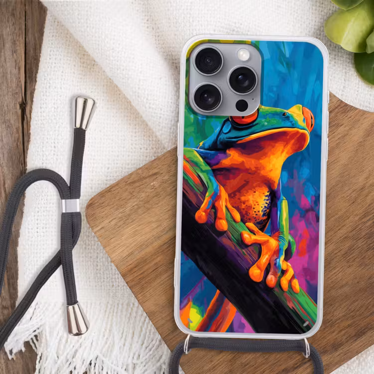 Telefoonhoesje met koord - Kikker - Felgekleurd - Tak - Regenboog — 3