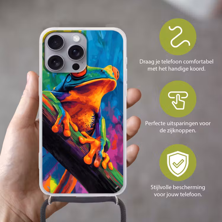 Telefoonhoesje met koord - Kikker - Felgekleurd - Tak - Regenboog — 4