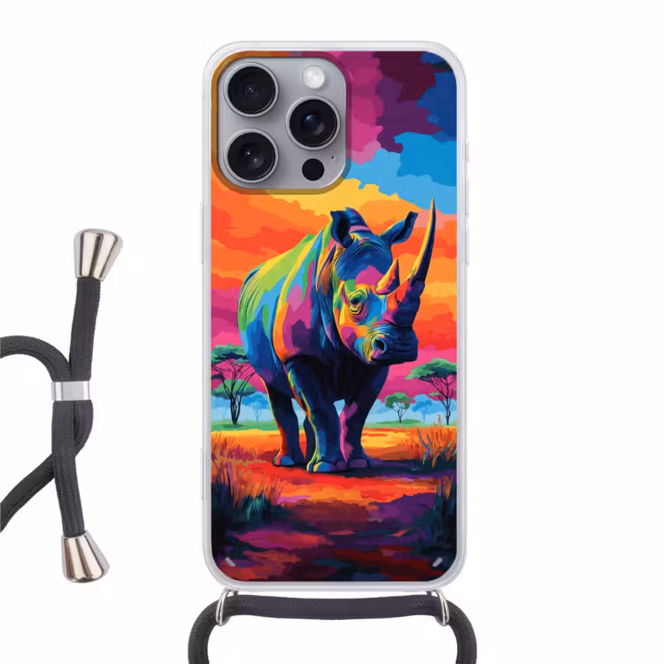 Telefoonhoesje met koord - Neushoorn - Zonsondergang - Savanna - Kleurrijk — 1