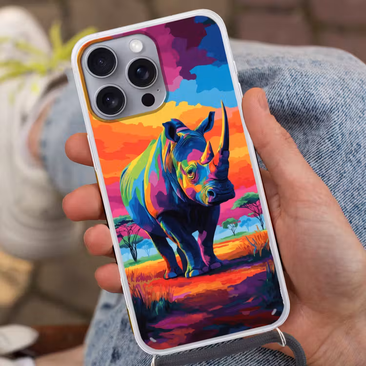 Telefoonhoesje met koord - Neushoorn - Zonsondergang - Savanna - Kleurrijk — 2