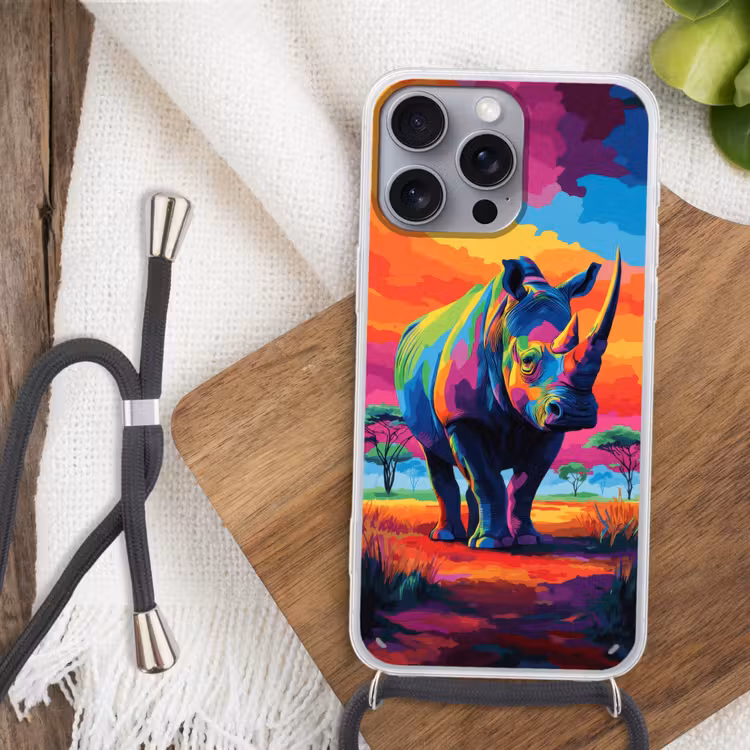 Telefoonhoesje met koord - Neushoorn - Zonsondergang - Savanna - Kleurrijk — 3