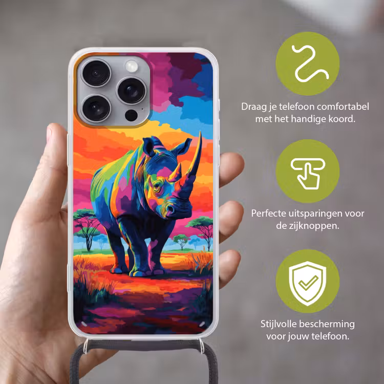 Telefoonhoesje met koord - Neushoorn - Zonsondergang - Savanna - Kleurrijk — 4