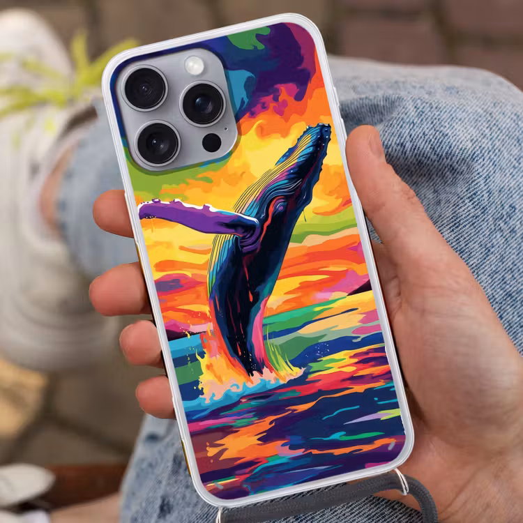 Telefoonhoesje met koord - Zonsondergang - Walvis - Geschilderd - Kleurrijk — 2