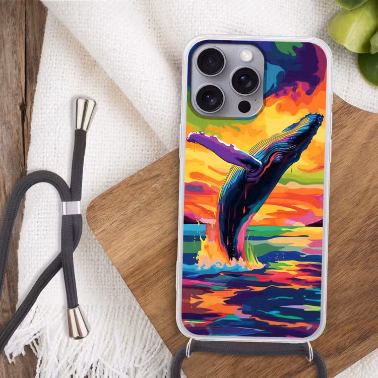 Telefoonhoesje met koord - Zonsondergang - Walvis - Geschilderd - Kleurrijk — 3
