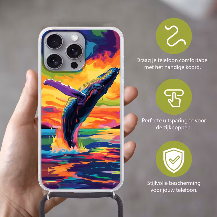 Telefoonhoesje met koord - Zonsondergang - Walvis - Geschilderd - Kleurrijk — 4