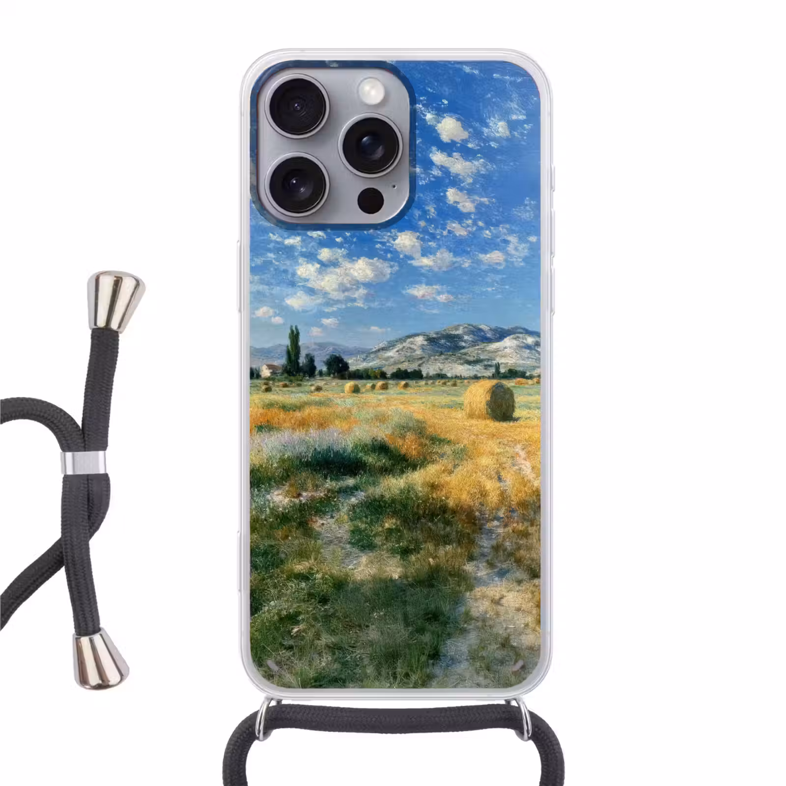 Telefoonhoesje met koord - Landschap - Strobalen - Bergen - Wolken — 1