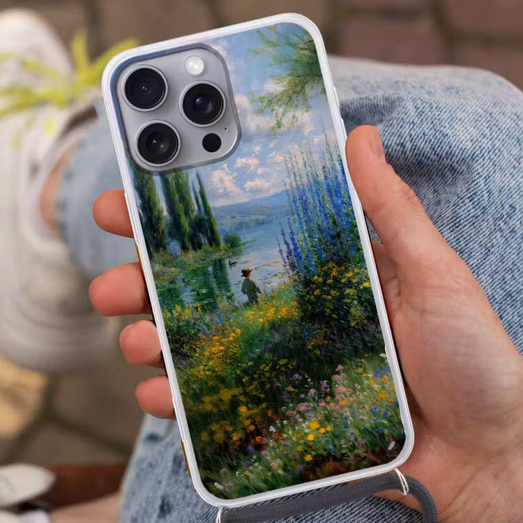 Telefoonhoesje met koord - Bloemen - Meer - Bergen - Groen — 2