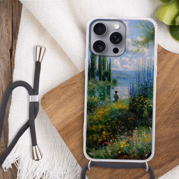 Telefoonhoesje met koord - Bloemen - Meer - Bergen - Groen — 3