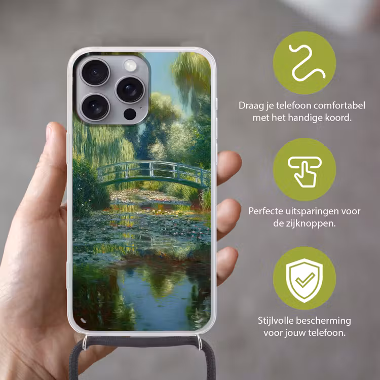 Telefoonhoesje met koord - Brug - Hout - Vijver - Waterlelies — 4