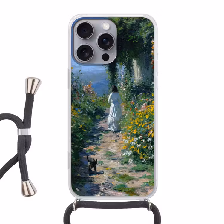 Telefoonhoesje met koord - Kat - Vrouw - Bloemen - Huis — 1