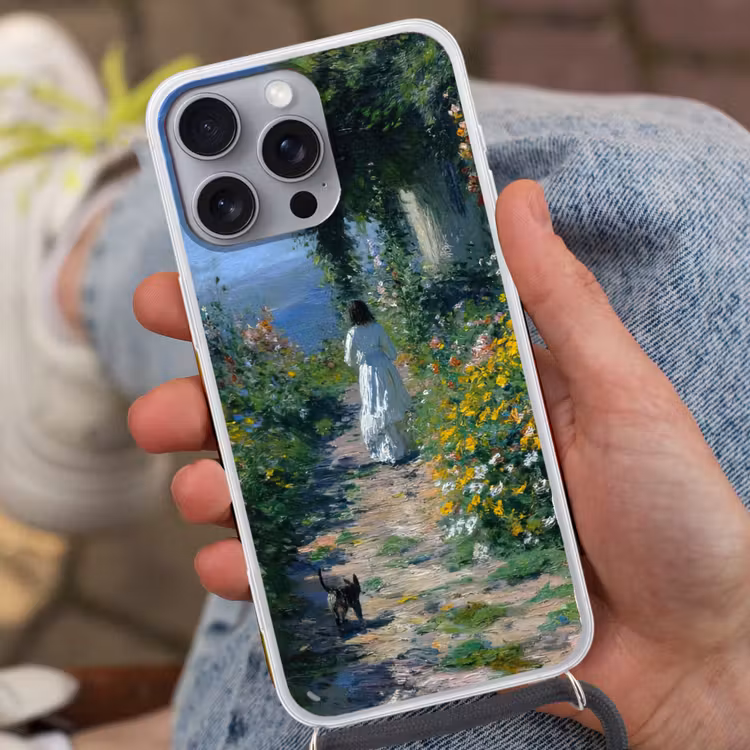 Telefoonhoesje met koord - Kat - Vrouw - Bloemen - Huis — 2