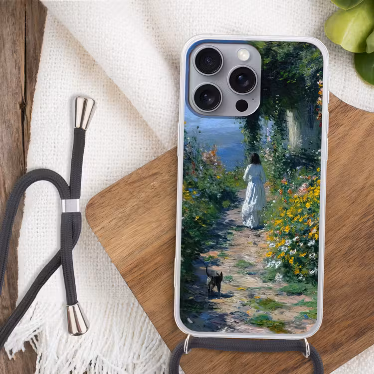 Telefoonhoesje met koord - Kat - Vrouw - Bloemen - Huis — 3
