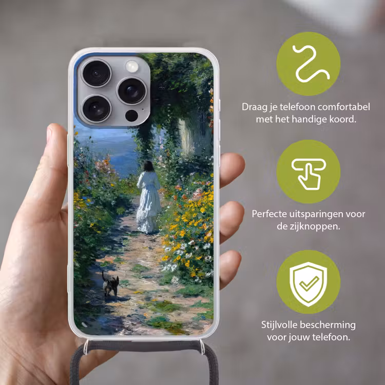 Telefoonhoesje met koord - Kat - Vrouw - Bloemen - Huis — 4