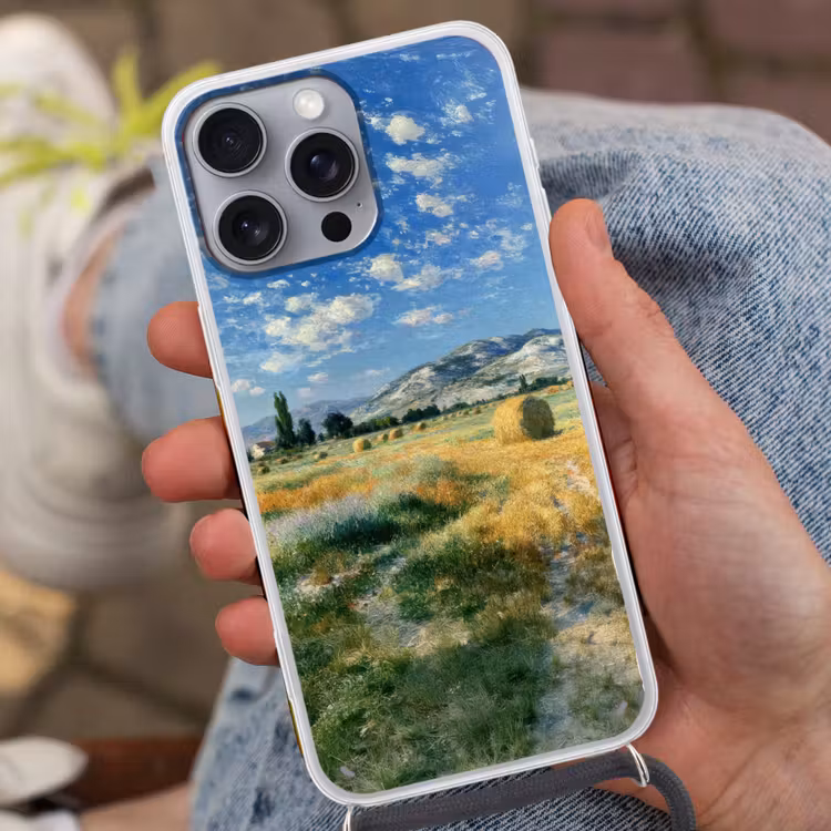 Telefoonhoesje met koord - Landschap - Strobalen - Bergen - Wolken — 2
