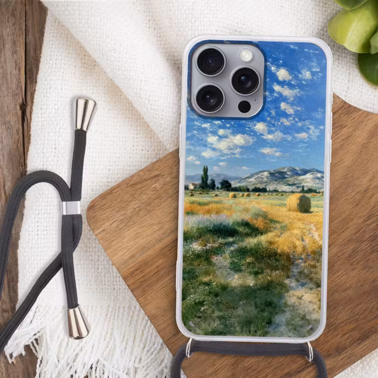 Telefoonhoesje met koord - Landschap - Strobalen - Bergen - Wolken — 3