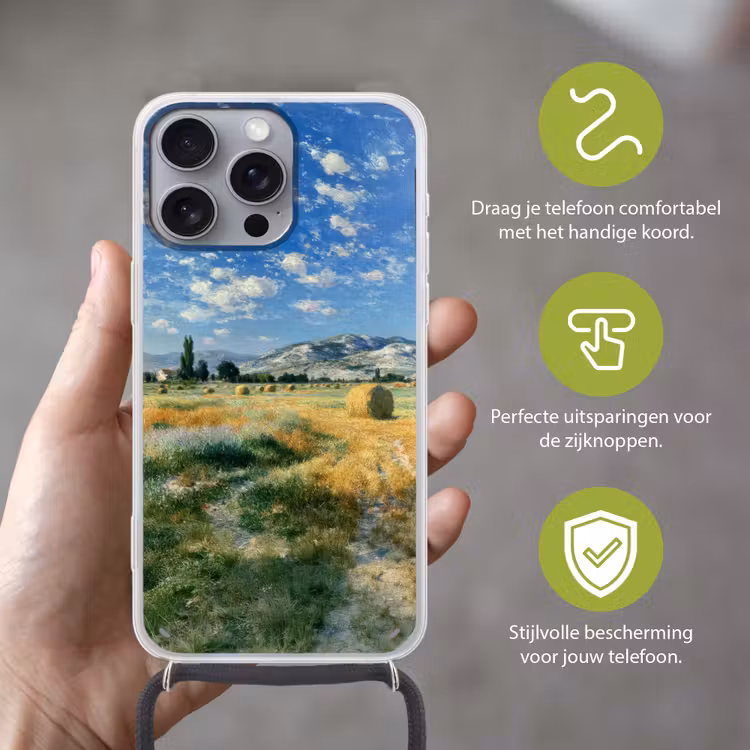 Telefoonhoesje met koord - Landschap - Strobalen - Bergen - Wolken — 4