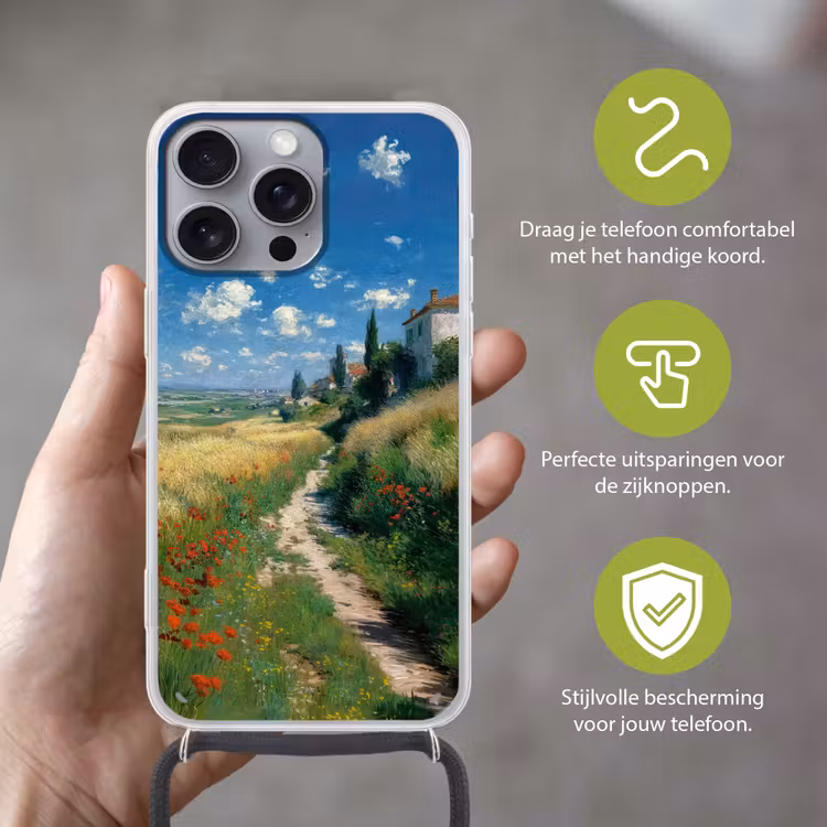 Telefoonhoesje met koord - Zandpad - Huis - Bomen - Grasveld — 4