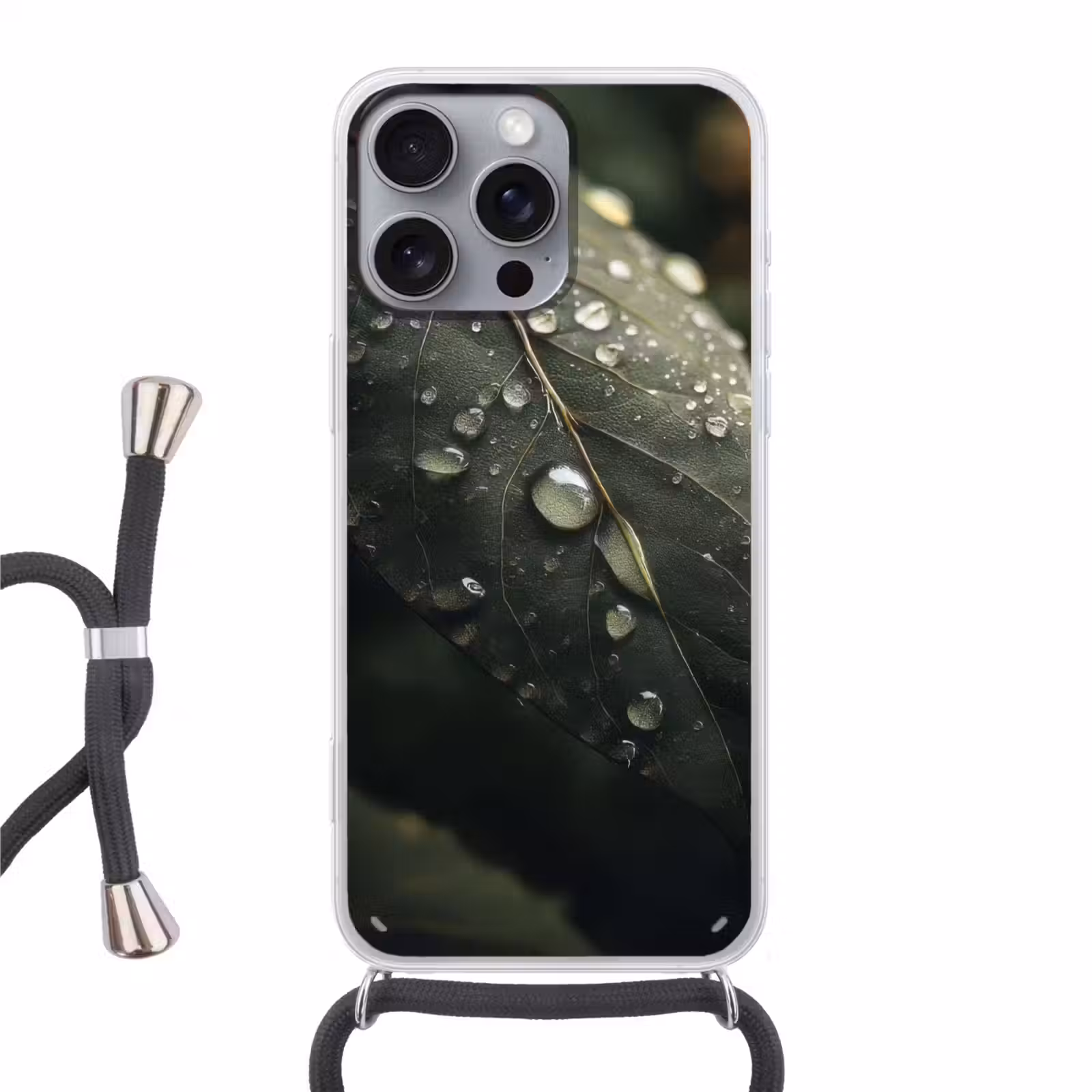 Telefoonhoesje met koord - Blad - Groen - Nerven - Regendruppels — 1