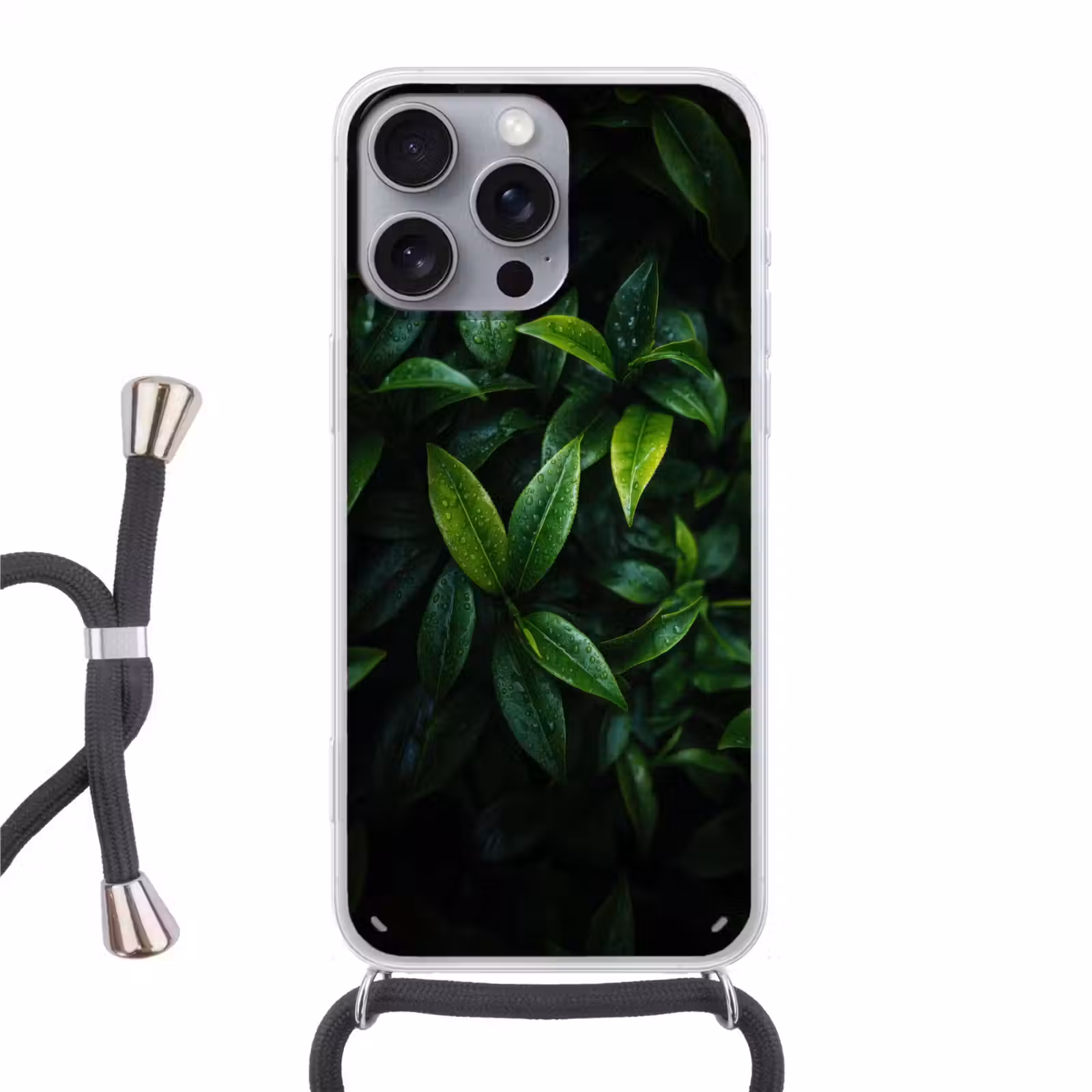 Telefoonhoesje met koord - Bladeren - Regendruppels - Licht - Groen — 1