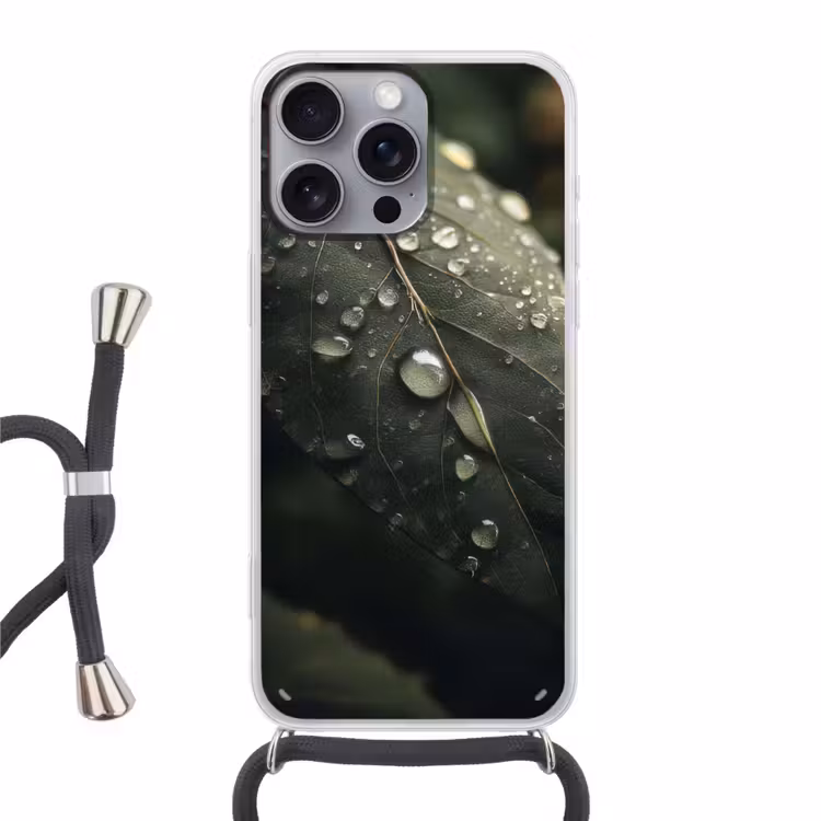 Telefoonhoesje met koord - Blad - Groen - Nerven - Regendruppels — 1