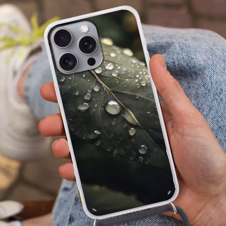 Telefoonhoesje met koord - Blad - Groen - Nerven - Regendruppels — 2