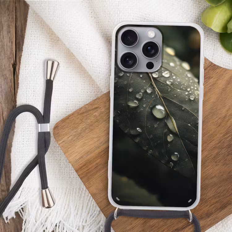 Telefoonhoesje met koord - Blad - Groen - Nerven - Regendruppels — 3