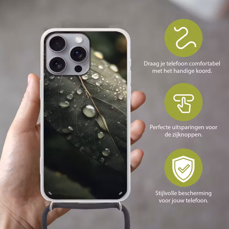 Telefoonhoesje met koord - Blad - Groen - Nerven - Regendruppels — 4